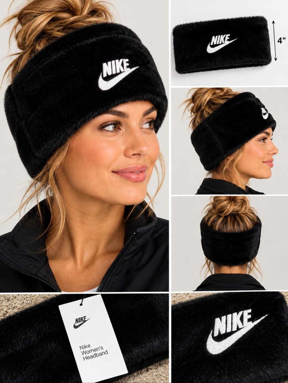 Nike Women's Black Fuzzy Headband with White Swoosh